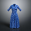 Blue With White Dots Long Sleeve Dress Featuring Button Front And Classic Style