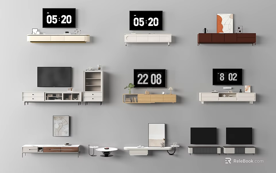 Various Modern TV Stand Designs With Storage Shelves TV And Decorations 3d model 