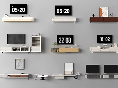 Various Modern TV Stand Designs With Storage Shelves TV And Decorations 3d model