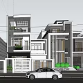 Modern Detached Villa Exterior with Large Windows Balconies Green Plants and Parked White Car