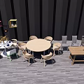 Outdoor Round Wooden Dining Table Set With Multiple Chairs And Side Table 3d model