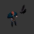 Game Movie Character Red Haired Female With Cloak Standing With Flying Eagle Against Blue Background