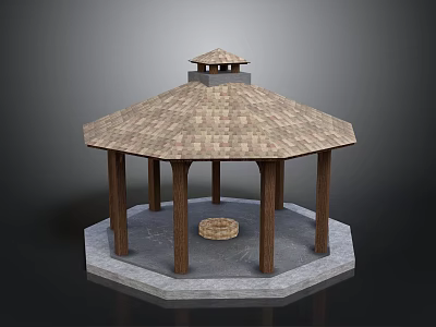Octagonal Gazebo With Tiled Roof Wooden Pillars And Hexagonal Stone Base 3d model