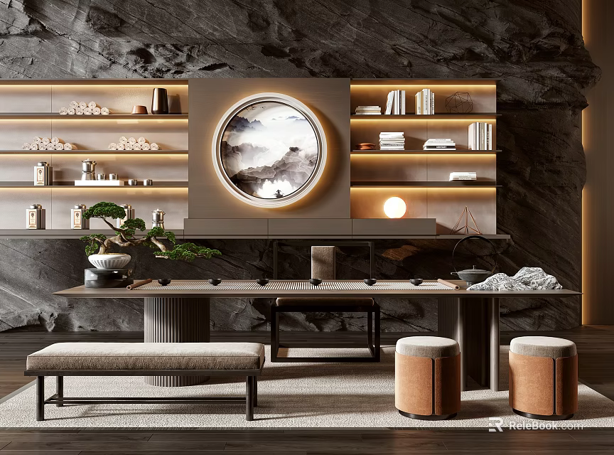 Modern Tea Table And Chairs With Round Mirror And Bookshelves In Interior 3d model 