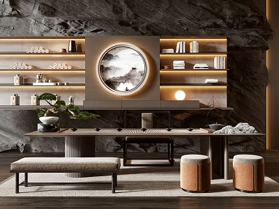 Modern Tea Table And Chairs With Round Mirror And Bookshelves In Interior 3d model