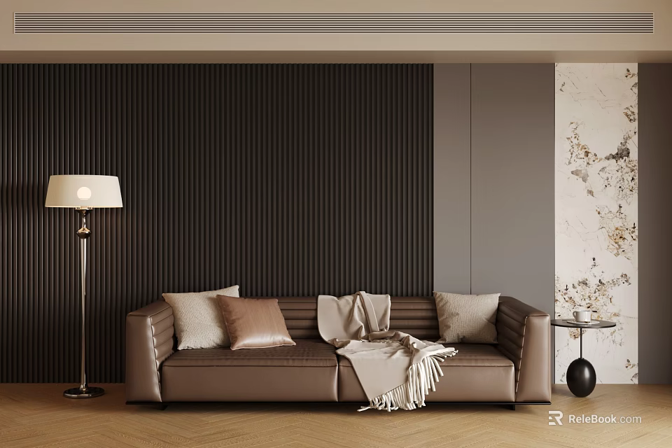 Two Seater Brown Leather Sofa With Pillows Throw Blanket Near Dark Striped Wall Floor Lamp 3d model 