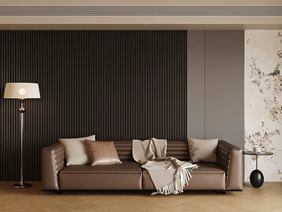 Two Seater Brown Leather Sofa With Pillows Throw Blanket Near Dark Striped Wall Floor Lamp 3d model