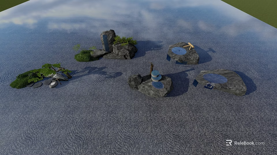 Garden Ornaments Featuring Pebble Ground Rocks Small Waterfall Water Basins And Green Plants 3d model 
