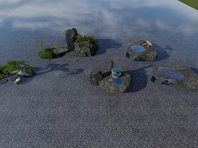 Garden Ornaments Featuring Pebble Ground Rocks Small Waterfall Water Basins And Green Plants 3d model