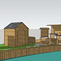 Scenic Outdoor Garden Space With Wooden Huts Gazebo Greenery And Wooden Fence