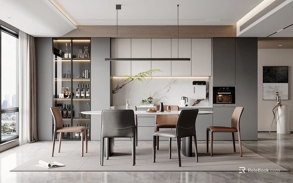 Modern Restaurant Interior Design With Dining Table Chairs Pendant Lights Marble Countertop And Cabinets 3d model 