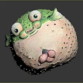Cute Round Pufferfish With Green Back Spiky Texture Big Eyes And Pink Belly