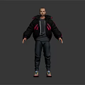 Man in casual outfit black jacket with pink accents black sweatpants and colorful sneakers