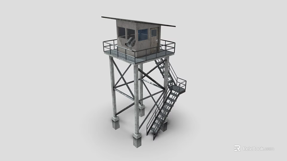 Metal Watch Tower Structure with Stairs Platform and Small Cabin Design 3d model 