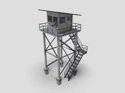 Metal Watch Tower Structure with Stairs Platform and Small Cabin Design 3d model