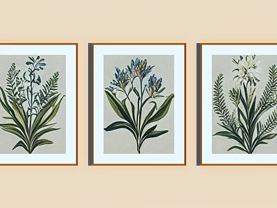 Set of Three Framed Botanical Prints with Floral and Fern Designs on Light Background 3d model