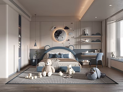 Cozy Modern Kids Room With Bear Headboard Stuffed Teddy Bears And Moon Cloud Wall Decor 3d model