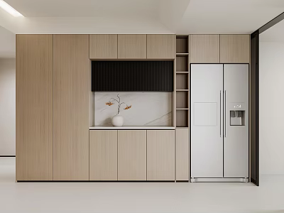 Sleek Modern Sideboard Design For Open Kitchen With Wooden Cabinets And Storage Space 3d model