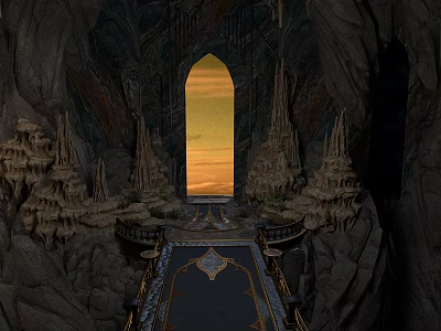 Mysterious Cave Interior With Arched Doorway Leading To Orange Sunset Sky And Stalactite Formations 3d model