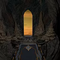 Mysterious Cave Interior With Arched Doorway Leading To Orange Sunset Sky And Stalactite Formations