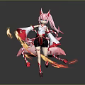 Game and Movie Character With Pink Hair Fox Ears White Pink Outfit And Flame Effects