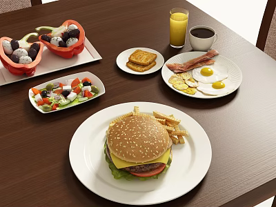 Delicious Breakfast Meal with Burger Fries Fried Egg Bacon Toast Salad Orange Juice and Coffee 3d model