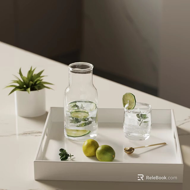 Decorative Ornament Set With White Tray Clear Glassware Lemon Lime Green Plant Golden Spoon 3d model 