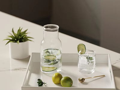 Decorative Ornament Set With White Tray Clear Glassware Lemon Lime Green Plant Golden Spoon 3d model
