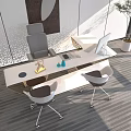 Modern White Office Desk With Ergonomic Chairs Wall Art Sculpture And Plant In Bright Workspace