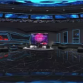 Modern Bar Interior With Neon Lights Red Sign Blue Lighting Circular Ceiling And Black Sofas 3d model