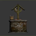 Ancient Well Structure Featuring Brick Stone Base Thatched Roof And Wooden Bucket