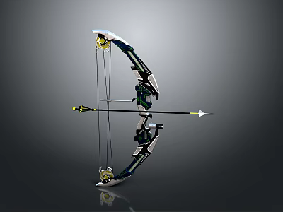 3D Rendered Compound Bow With Black Silver Design Gold Accents Taut String And Arrow 3d model