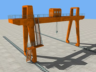 Orange Gantry Crane With Rail Tracks Ladder Control Cabin And Blue Sky 3d model