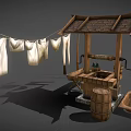 Garden Ornament Display Featuring Wooden Roofed Structure Clothesline White Clothes Buckets Basin And Bench