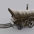 Vintage Covered Wagon With Wooden Structure Canvas Roof Large Wheels And Wooden Tongue