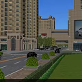 Bustling Commercial Street With Tall Commercial Buildings Parked Cars Lush Greenery and Large Billboard