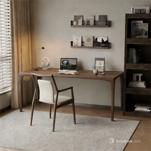 Cozy Modern Home Study Interior With Wooden Desk Laptop Table Lamp Comfortable Chair And Bookshelf 3d model 