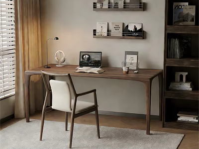 Cozy Modern Home Study Interior With Wooden Desk Laptop Table Lamp Comfortable Chair And Bookshelf 3d model