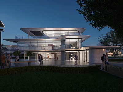 Modern Detached Villa Exterior With Large Glass Walls And Lawn Outdoor Surroundings 3d model