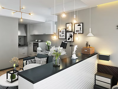 Modern Apartment Interior Design With Open Layout Sofa Dining Table And Pendant Lights 3d model