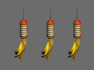 Decorative Hanging Orange And White Striped Lanterns With Yellow Tassels 3d model