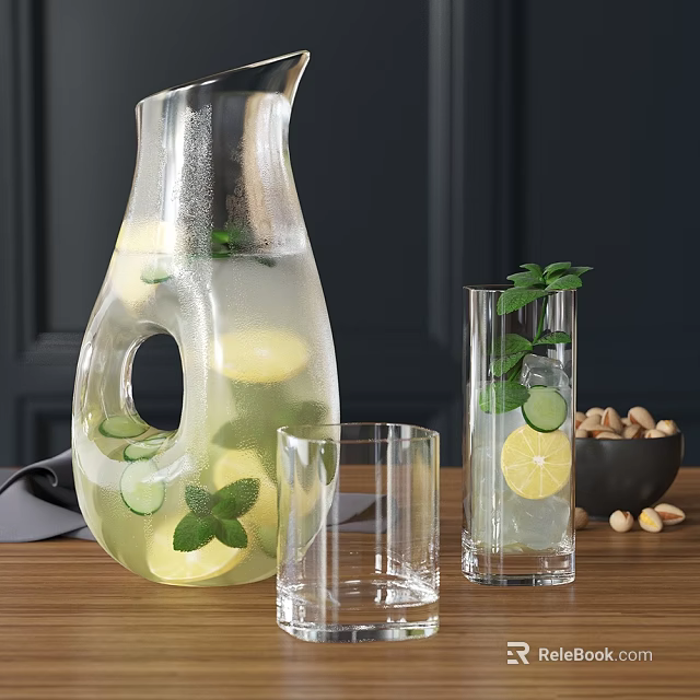Refreshing Lemonade in Glass Pitcher with Lemon Cucumber Slices Mint Leaves Glasses and Nut Bowl 3d model 