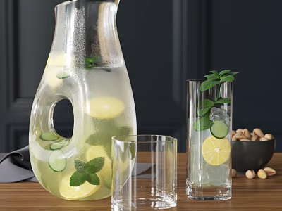 Refreshing Lemonade in Glass Pitcher with Lemon Cucumber Slices Mint Leaves Glasses and Nut Bowl 3d model