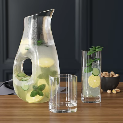 Refreshing Lemonade in Glass Pitcher with Lemon Cucumber Slices Mint Leaves Glasses and Nut Bowl 3d model