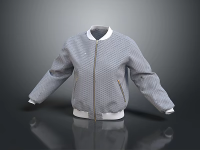 Gray Checkered Baseball Jacket With White Collar Cuffs And Zip Front Design 3d model