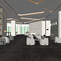 Modern Front Desk Reception Area With Waiting Sofas Bookshelves And Large Windows 3d model