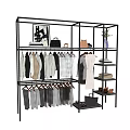 Fashionable Clothes Display With Racks Hanging Black White Gray Garments And Bags Shoes