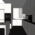Modern Minimalist Kitchen Interior With White Cabinets Black Oven Countertops And Window Blinds