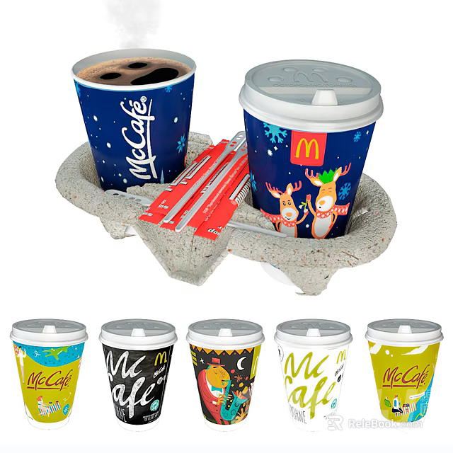 McDonald's Festive Beverage Cups In Colorful Designs With Reindeer And Tray 3d model 