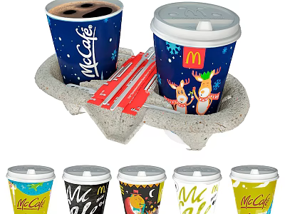 McDonald's Festive Beverage Cups In Colorful Designs With Reindeer And Tray 3d model